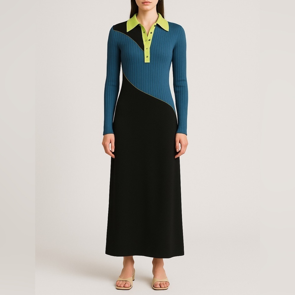 NWT Marina Moscone Collared Maxi Polo Dress Patchwork Long Sleeve Sz XS